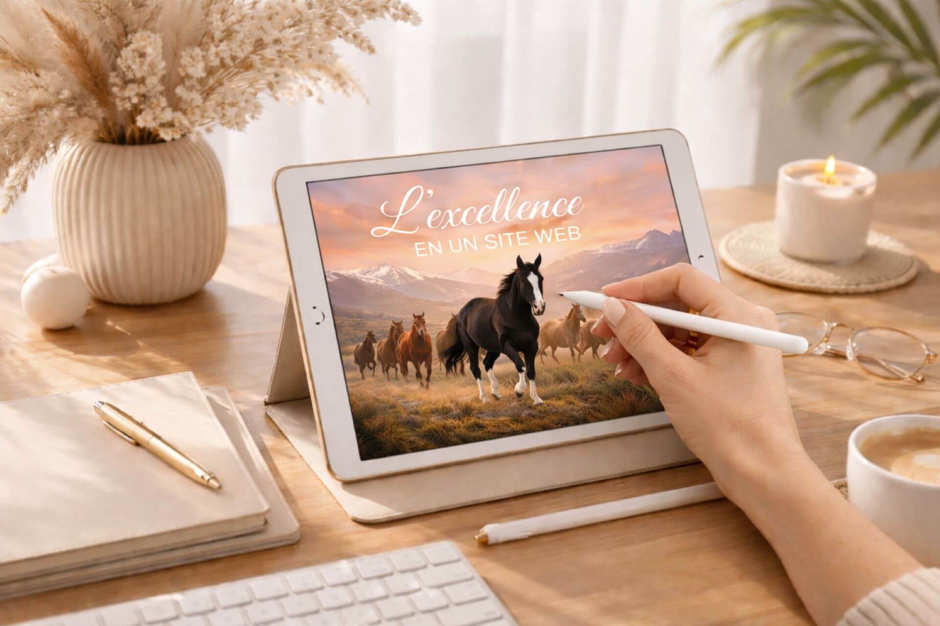 Tablette sur bureau en bois avec coucher de soleil et chevaux sauvages